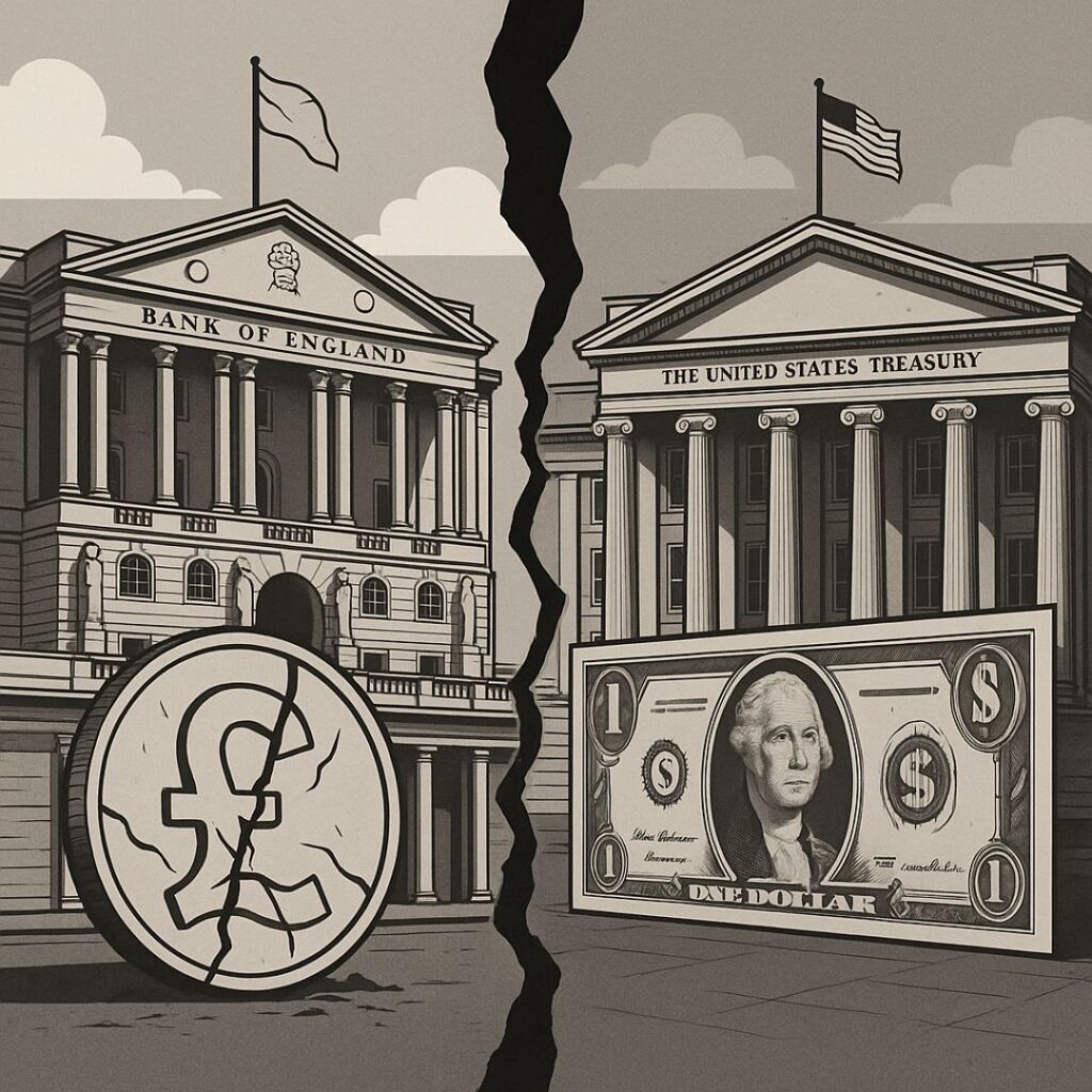 Illustration showing the Bank of England with a cracked pound coin on the left, and the US Treasury with a dollar bill on the right, separated by a jagged fault line