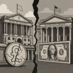 Illustration showing the Bank of England with a cracked pound coin on the left, and the US Treasury with a dollar bill on the right, separated by a jagged fault line