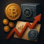 Digital illustration showing cryptocurrency tokens and traditional IPO symbols, including coins, a stock certificate, and a vault, representing the contrast between ICOs and IPOs.