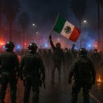 Riot police in tactical gear face off against a large group of masked protesters at night, as smoke fills the street and a demonstrator waves a Mexican flag amid flashing red and blue lights and scattered fire.