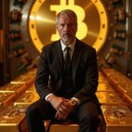 Man in a black suit sitting on stacks of gold bars engraved with the Bitcoin logo, with a large illuminated Bitcoin symbol in the background resembling a vault door