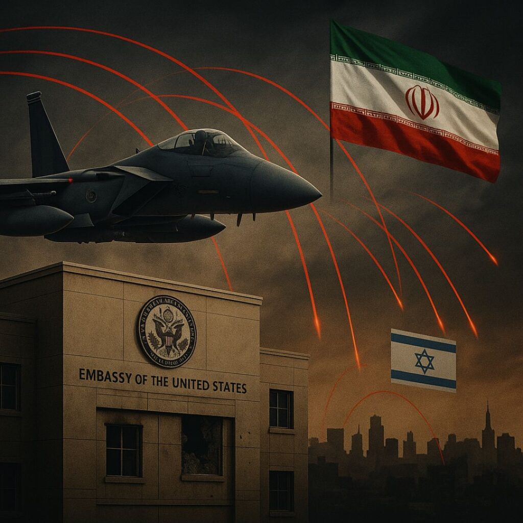 A U.S. embassy under threat with a damaged facade, an F-15 jet overhead, missile arcs in the sky, and flags of Iran and Israel in the background. A dark skyline suggests rising conflict in the Middle East.