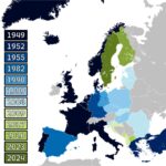 A 2D political map showing NATO countries in blue and Russia in red