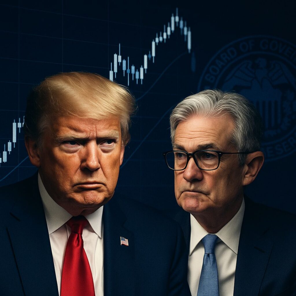 Donald Trump and Jerome Powell face off against a dark financial backdrop with Federal Reserve symbols and a market chart — visually capturing the tension over interest rate policy and central bank independence.