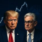 Donald Trump and Jerome Powell face off against a dark financial backdrop with Federal Reserve symbols and a market chart — visually capturing the tension over interest rate policy and central bank independence.