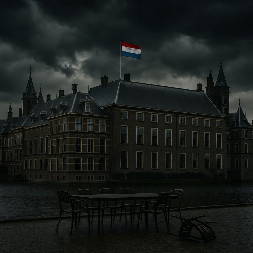 Stormy sky over Dutch Parliament with symbolic empty chair — visual metaphor for political collapse