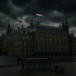 Stormy sky over Dutch Parliament with symbolic empty chair — visual metaphor for political collapse