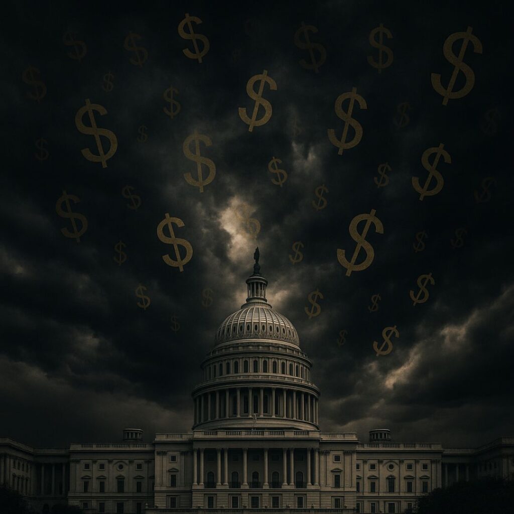 US Capitol with storm clouds and dollar signs swirling above