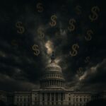 US Capitol with storm clouds and dollar signs swirling above