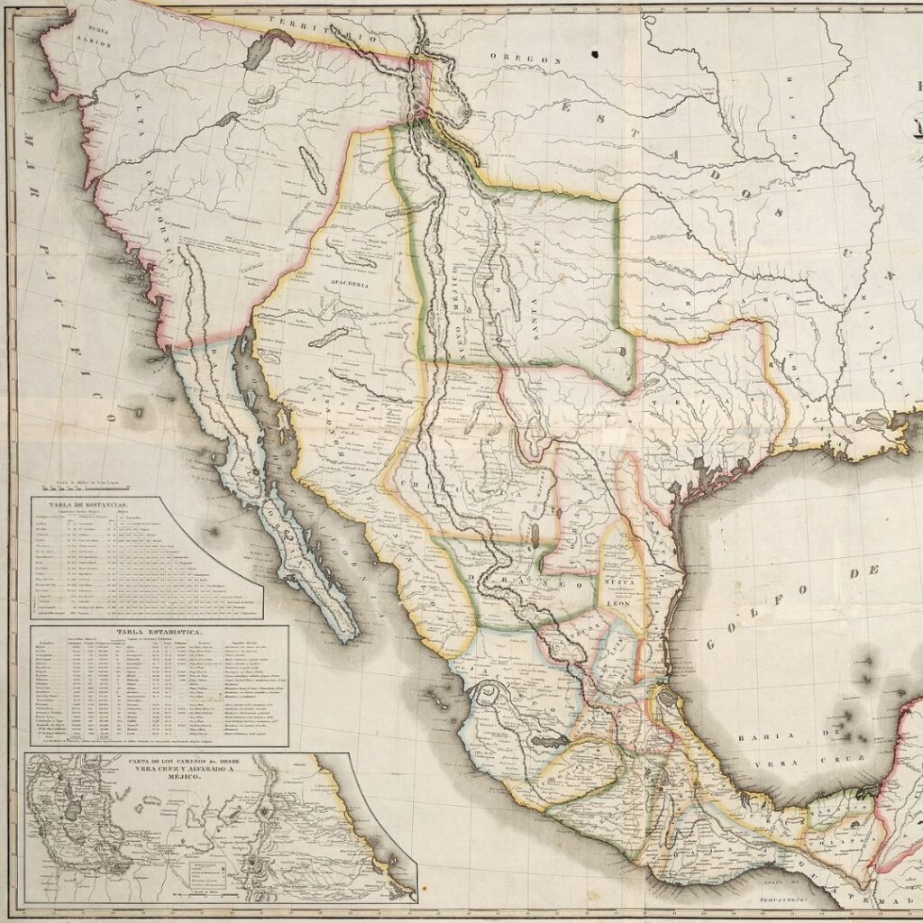 A vintage map showing the pre-1848 borders of Mexico overlaid on present-day southwestern U.S., symbolizing revived territorial claims