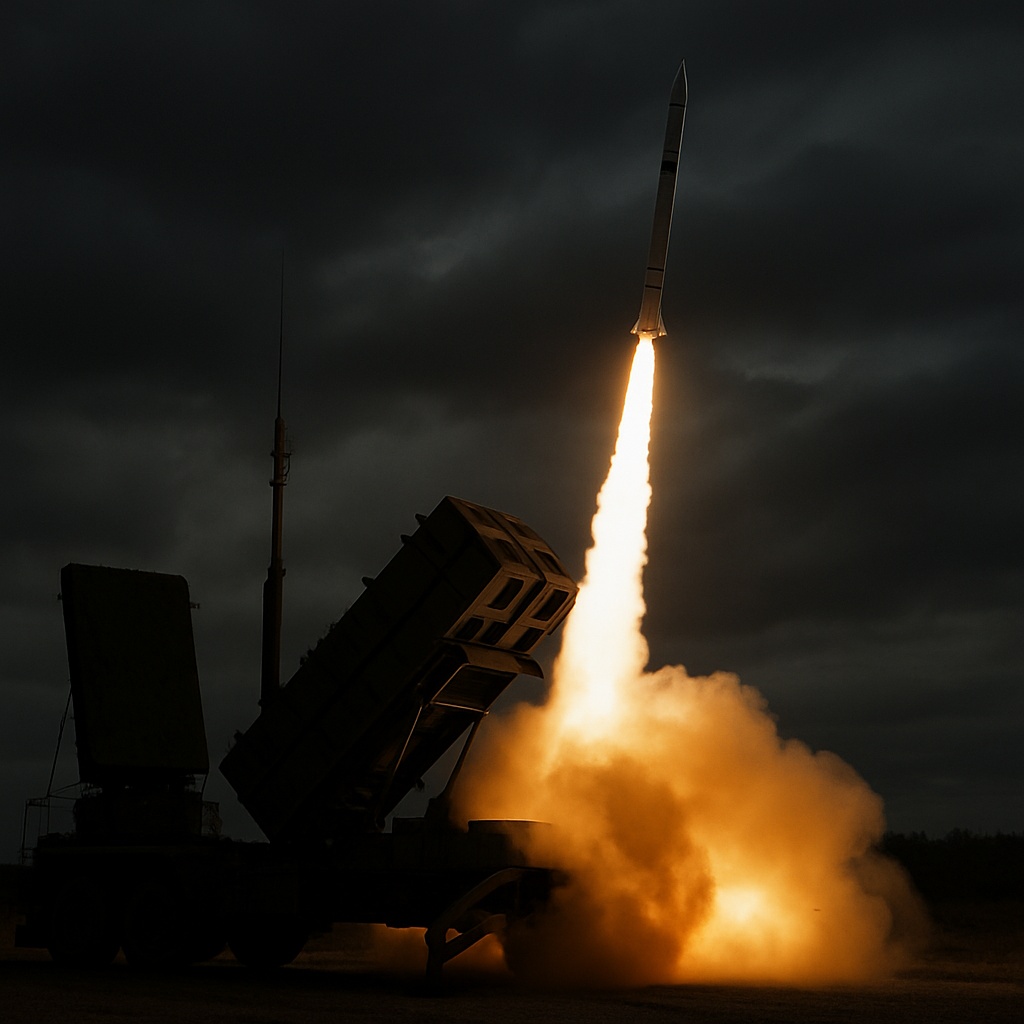 A Patriot missile defense system launches a surface-to-air missile into a stormy sky, with bright flames illuminating the clouds and silhouetted radar arrays in the background.