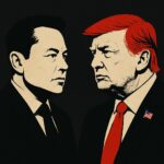 Elon Musk and Donald Trump icons facing off against a dark, high-contrast backdrop symbolizing political tension and public fallout.