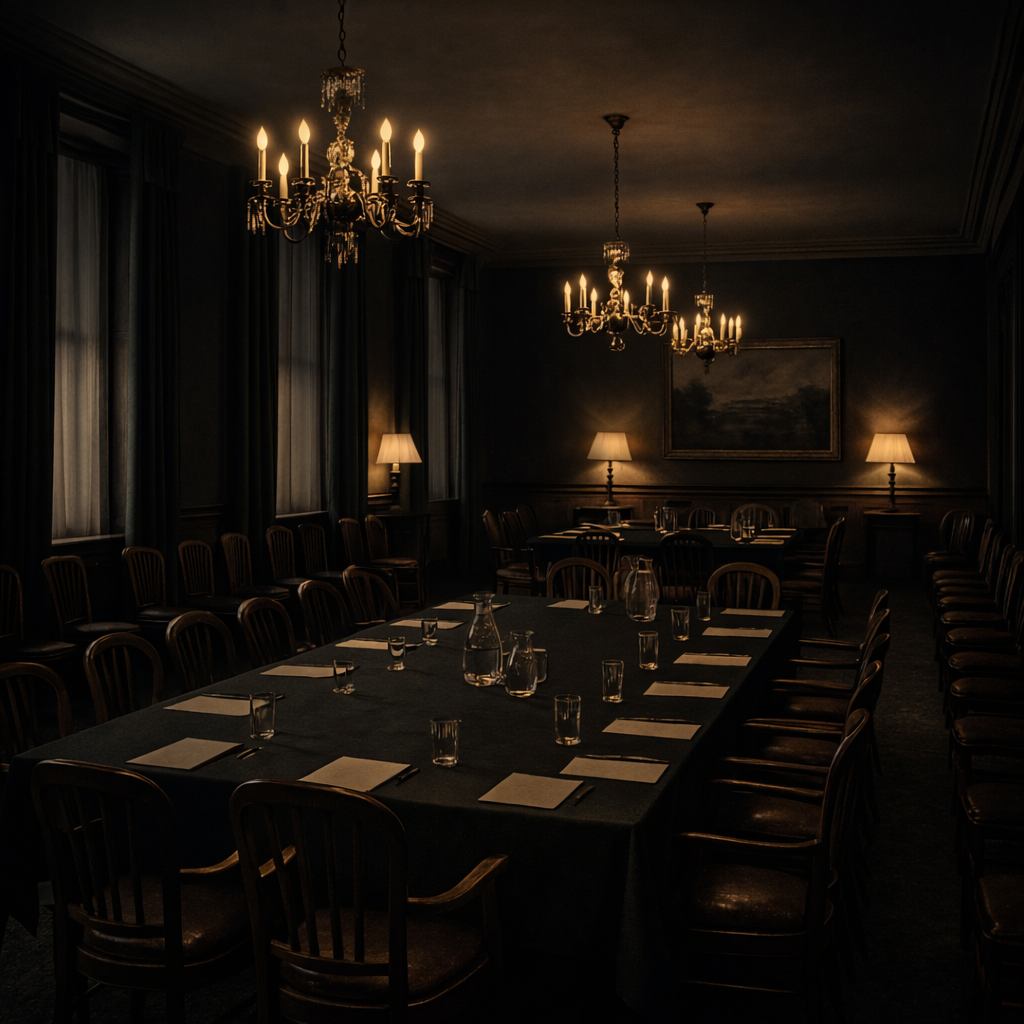 Historic negotiation room with vintage decor representing 1944 Bretton Woods conference