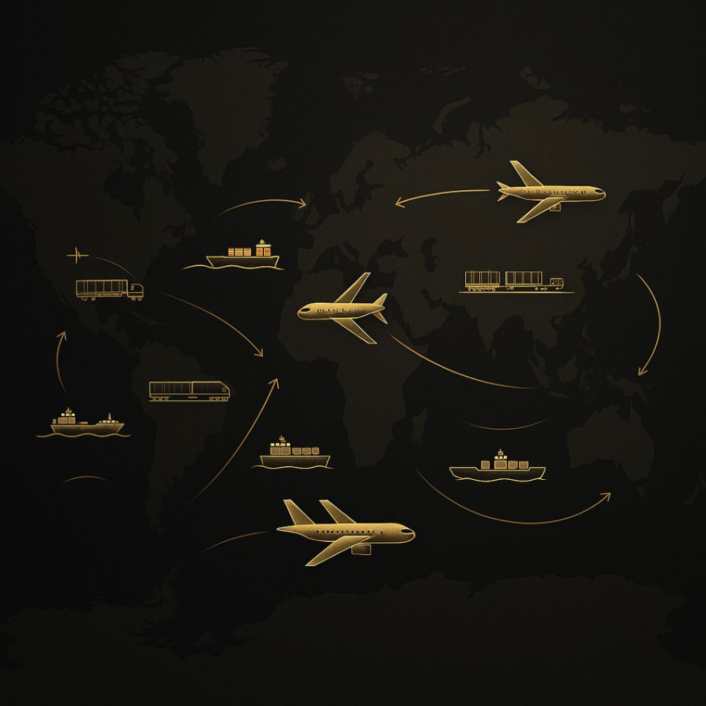 World interconnected by cargo ships, trains, and planes — a 2025 snapshot of global export and import routes.