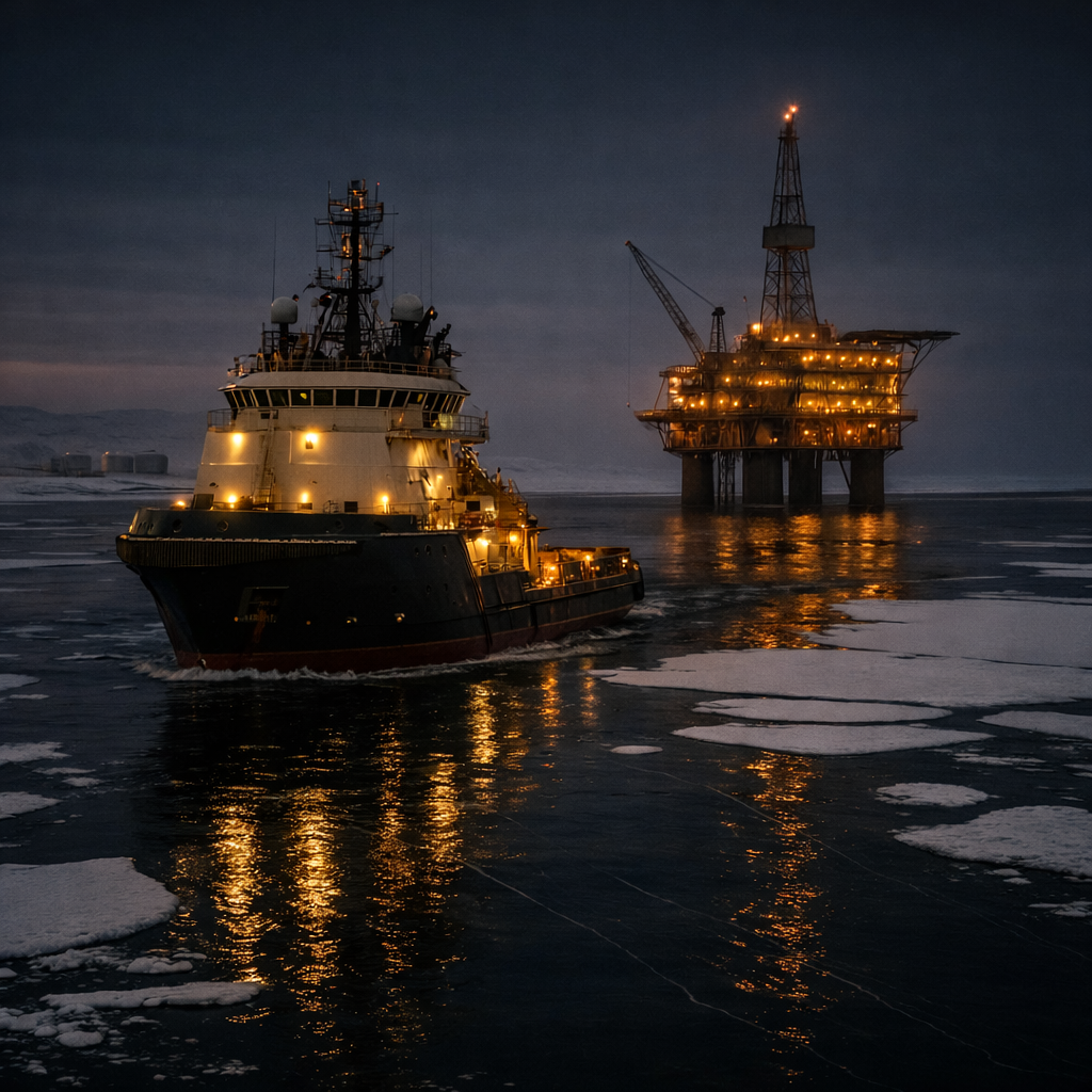 Ice class supply vessel beside an offshore oil platform in thin Arctic ice, storage tanks on distant shore, low polar light.