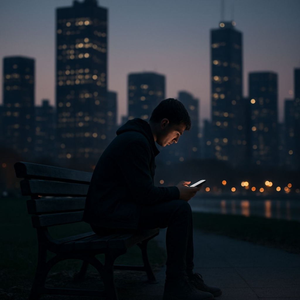 Person sitting alone on a park bench at dusk with a smartphone in hand, city lights in the distance, reflecting on life and searching for meaning.