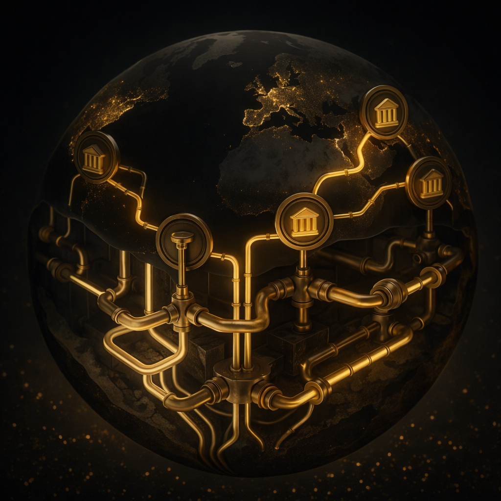 A digital illustration of Earth at night with glowing gold and white pipes running across and through the globe, symbolizing the hidden plumbing of global finance and the shift from traditional payment rails to new digital systems.