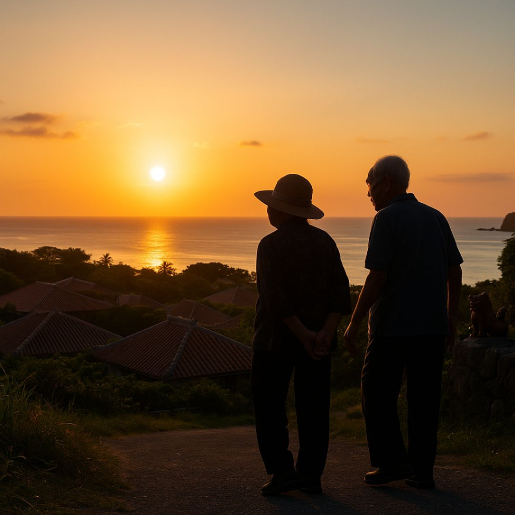 Elderly couple in Okinawa watching the sunset over the ocean, with traditional red-tiled rooftops and lush greenery in view, symbolizing longevity and community.