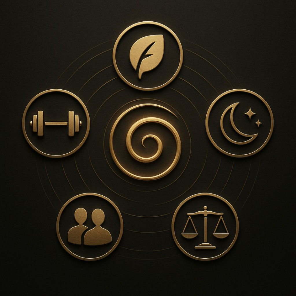 Golden engraved icons on a dark charcoal background, representing exercise (running figure), plant-based diet (leaf and apple), quality sleep (bed with figure), social connection (two silhouettes), and moderation (balanced scale), arranged in a circle around a glowing golden ring.