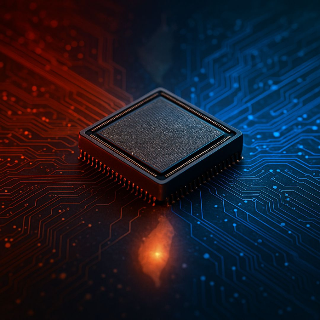 Close-up of a semiconductor chip on a circuit board, with red light on the left symbolizing China, blue light on the right symbolizing the United States, and a bright node at the center representing Taiwan’s strategic role.
