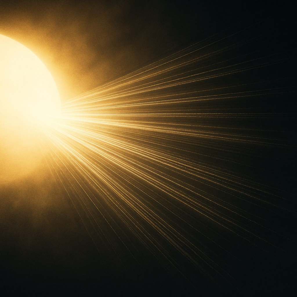 Golden sunbeams radiating through darkness like precise data streams, symbolizing the science of sunlight’s role in human health, sleep, and recovery.