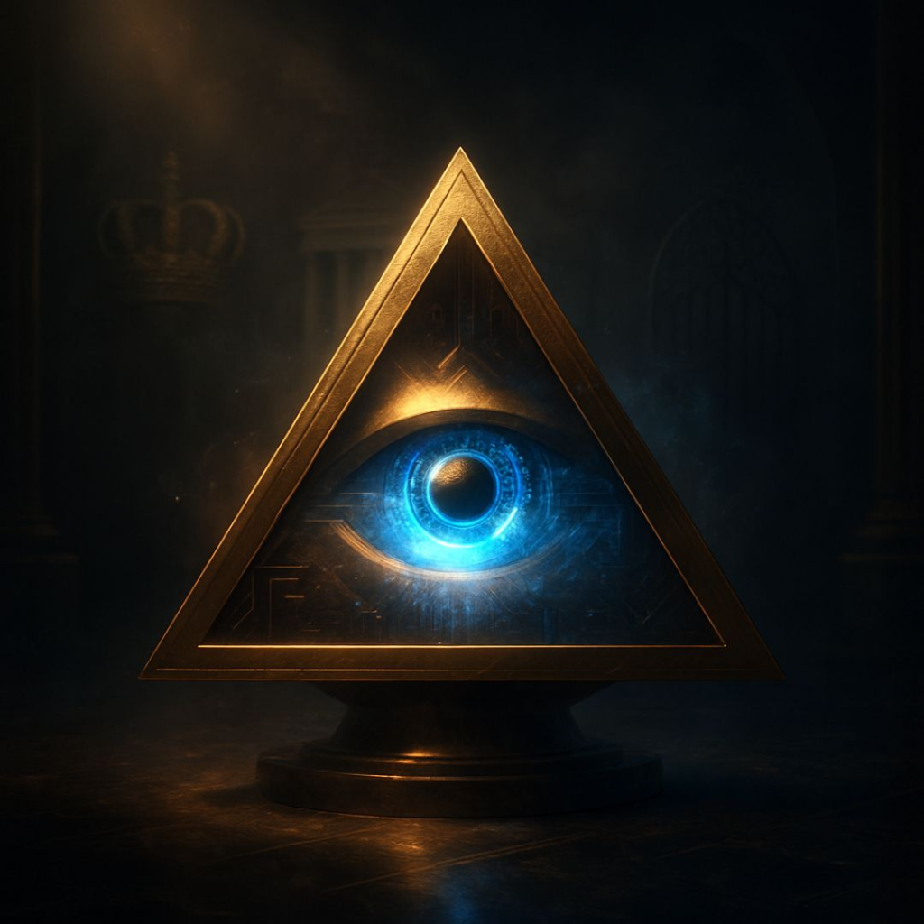 visual of governance evolution, with monarchy, democracy, and authoritarianism fading into shadow as a glowing AI eye inside a golden triangle symbolizes technocracy as the future of governance.
