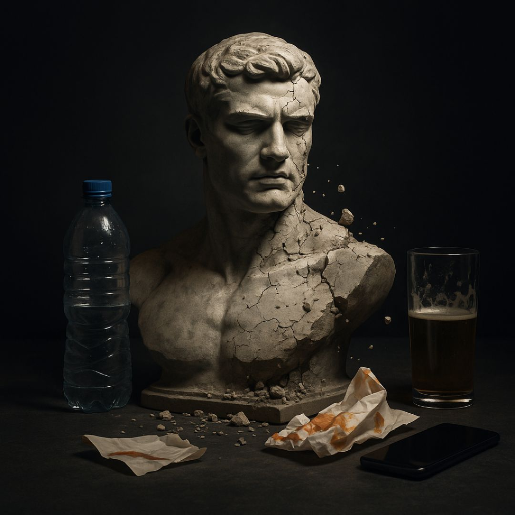 Symbolic graphic of lower testosterone in modern men compared to past generations, with health and lifestyle causes highlighted