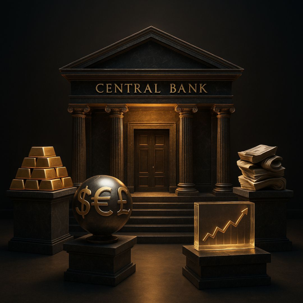 3D illustration of a central bank with golden glow, surrounded by gold bars, currency globe, government bonds, and rising stock chart, symbolizing central banks policy and global markets.