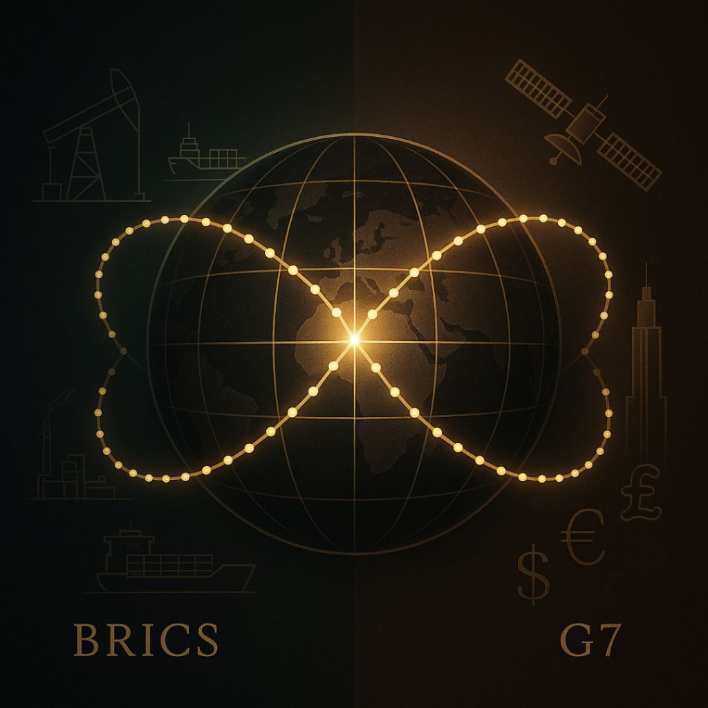 Editorial illustration of BRICS and G7 power rivalry, with a golden infinity loop around the globe. BRICS side shows oil, shipping, and factories, while the G7 side shows finance, currencies, and technology.