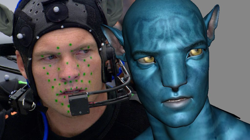 Actor in motion capture suit with facial markers next to CGI character from Avatar