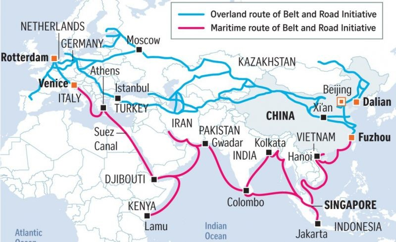 Map of China's Belt and Road Initiative showing overland and maritime trade routes connecting Asia, Africa, and Europe