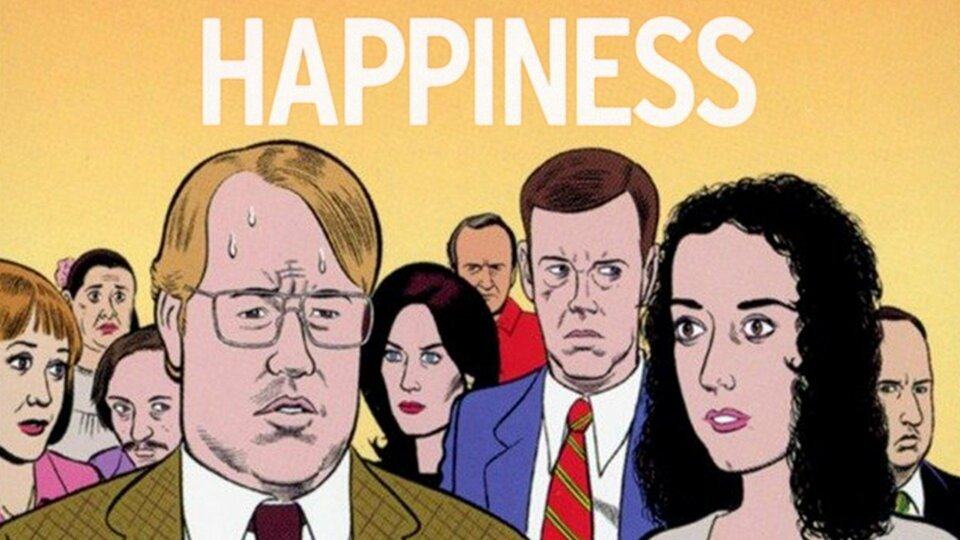 Poster of the 1998 film Happiness showing illustrated characters in discomfort under the title Happiness