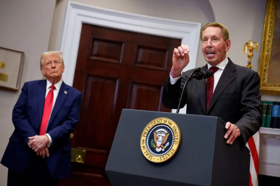 Larry Ellison with Donald Trump at the White House, January 21, 2025. The Oracle founder has built stakes across major media outlets.
