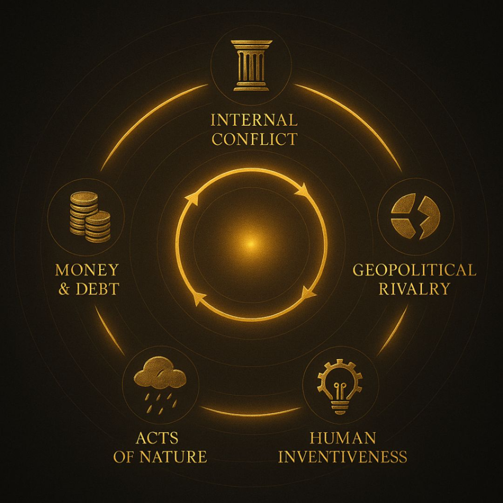 Ray Dalio illustration of the five forces driving the decline of the United States economy and how to prepare, showing a golden cycle wheel of forces.