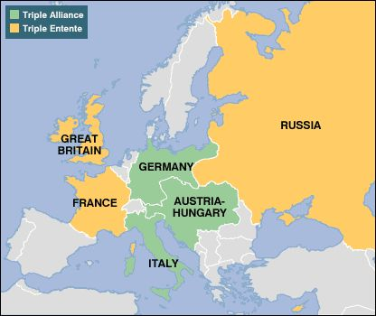 Map of Europe before World War I showing the Triple Alliance (Germany, Austria-Hungary, Italy) and the Triple Entente (Britain, France, Russia)