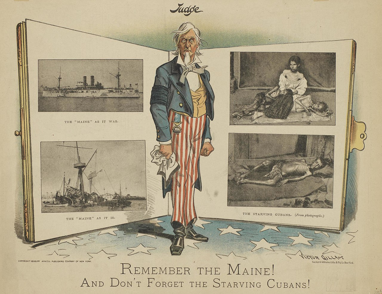 1898 American cartoon titled 'Remember the Maine! And Don't Forget the Starving Cubans!' by Victor Gillam, illustrating yellow press propaganda before the Spanish–American War.