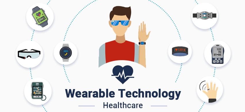 Illustration of wearable healthcare technology including smartwatches, heart rate monitors, glucose trackers, and fitness bands