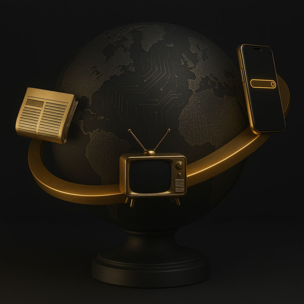 Editorial still life of a matte black globe with a golden orbit featuring media icons — newspaper, television, and smartphone — symbolizing global information warfare and control of media.