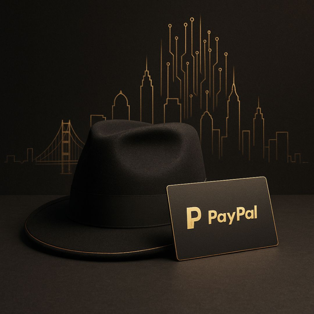 Editorial still life of a black fedora hat with a premium golden PayPal card on a charcoal surface, with the Silicon Valley skyline and subtle circuit lines in the background.