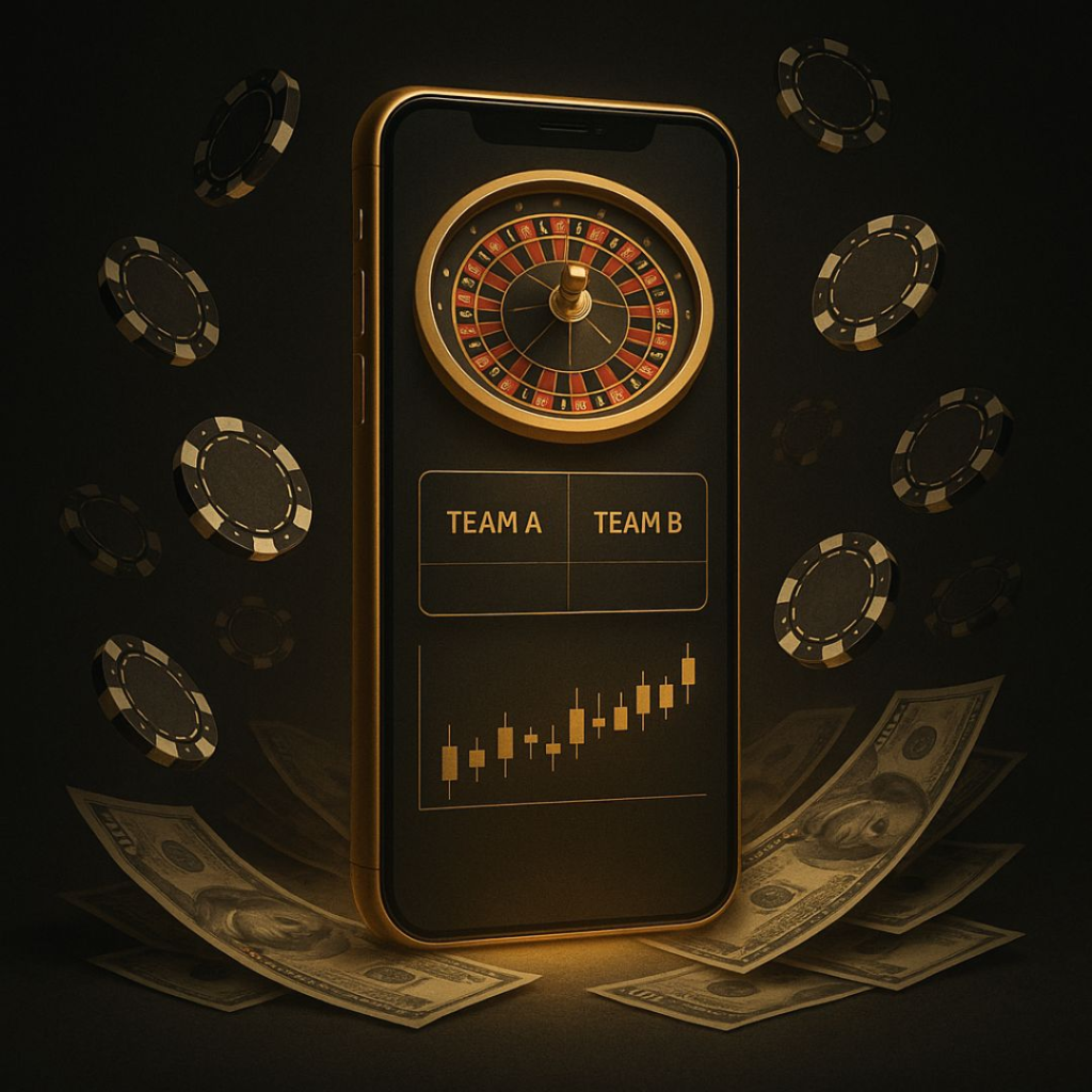 A golden smartphone showing a roulette wheel, sports betting scoreboard, and crypto chart surrounded by poker chips and dollar bills.