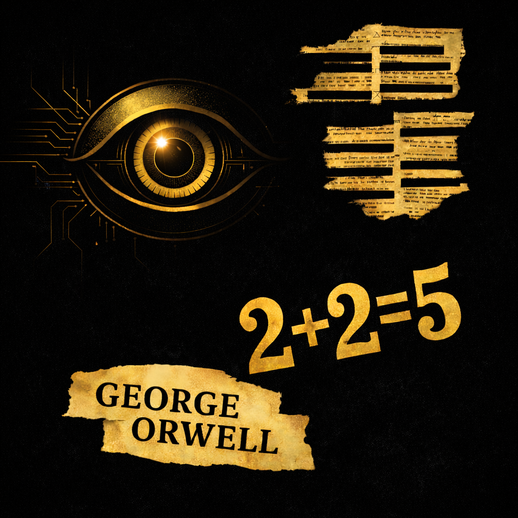 An AI surveillance eye above the phrase 2 + 2 = 5.