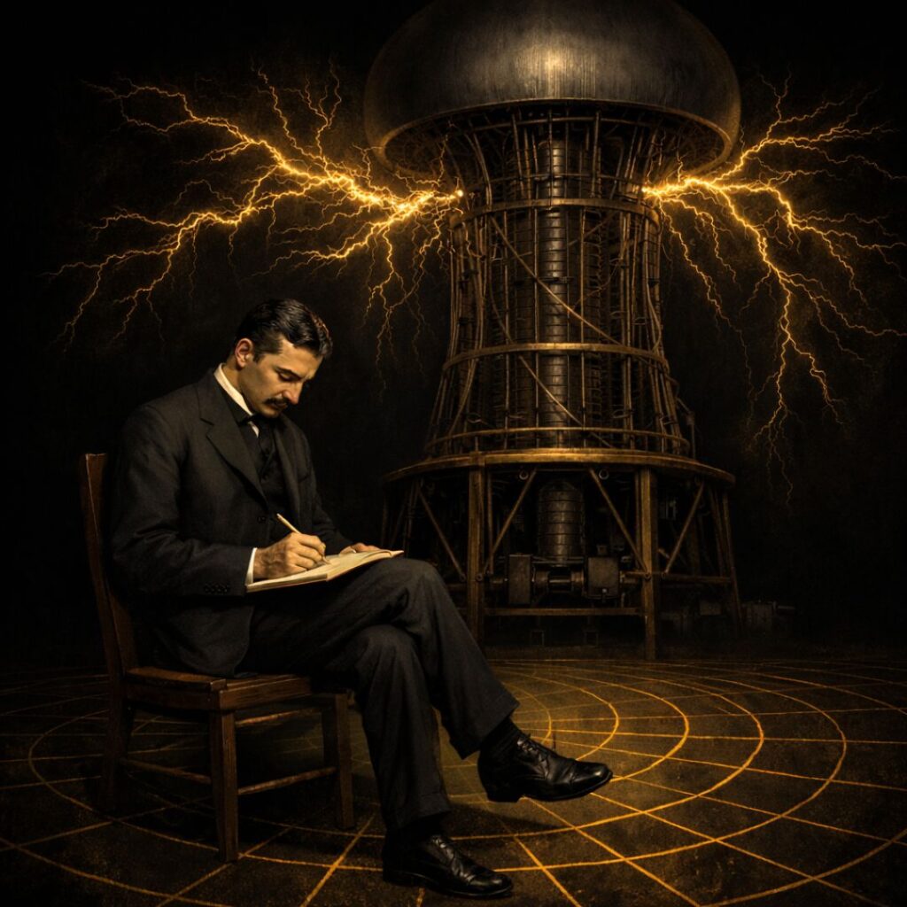 Nikola Tesla seated calmly in his laboratory, writing in a notebook beneath a towering electrical apparatus emitting muted gold electrical discharges, with a subtle energy grid etched into the floor.