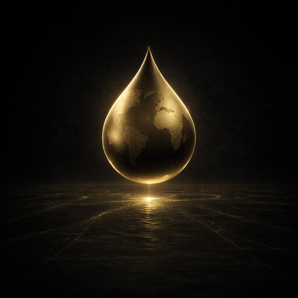 Golden oil droplet illustrating the petrodollar system, where global oil trade underpins U.S. dollar dominance and geopolitical power.