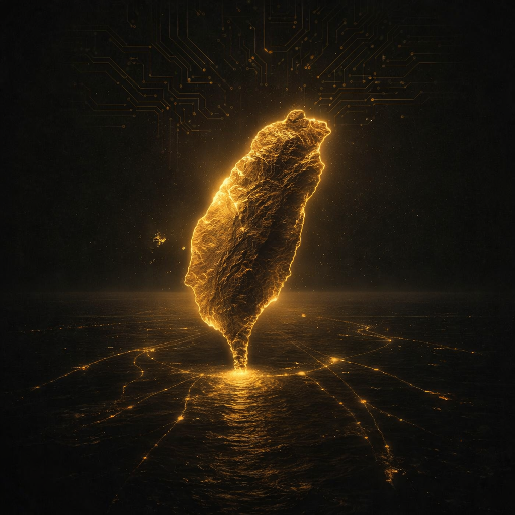 Golden illustration of Taiwan floating above dark ocean trade routes with circuit board patterns, symbolizing geopolitics and semiconductor power