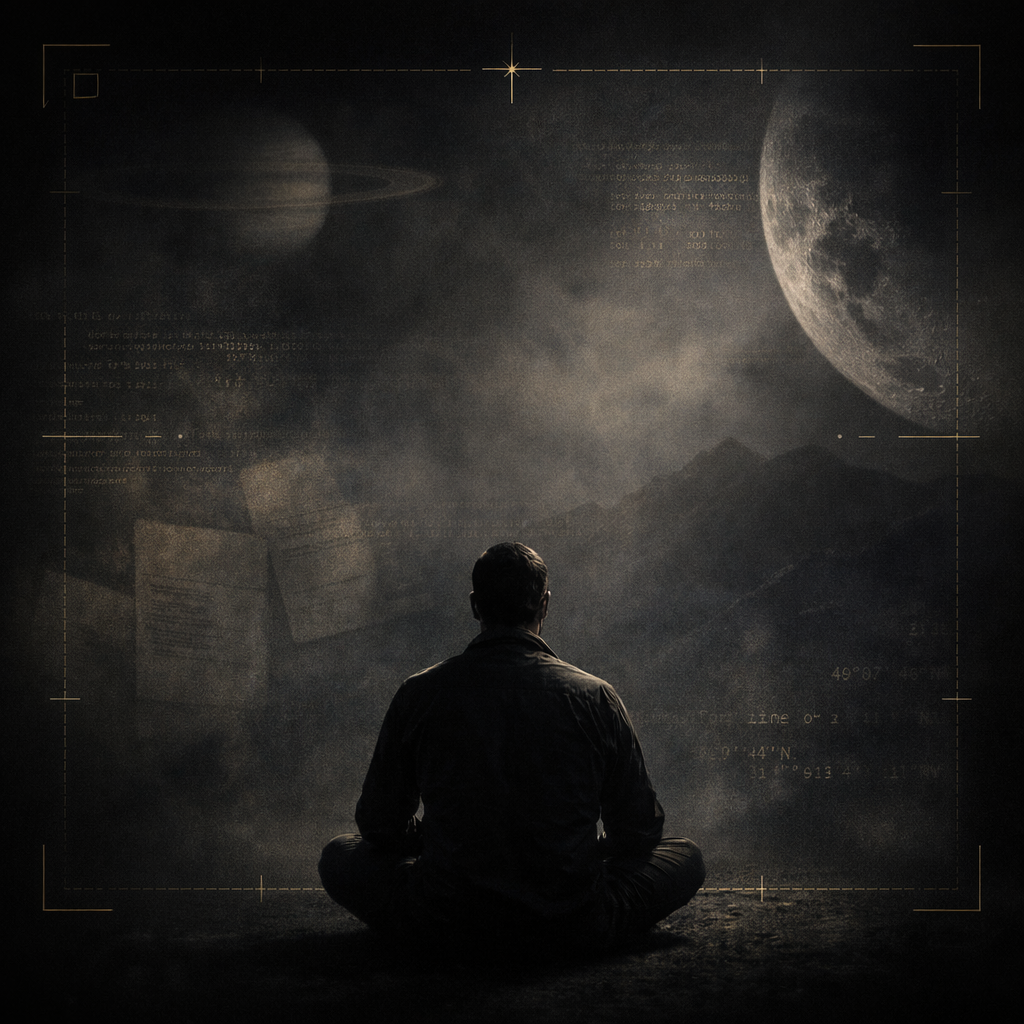 Silhouetted figure meditating in a dark trance-like environment with subtle gold intelligence overlays, faint lunar textures, documents, and planetary imagery.