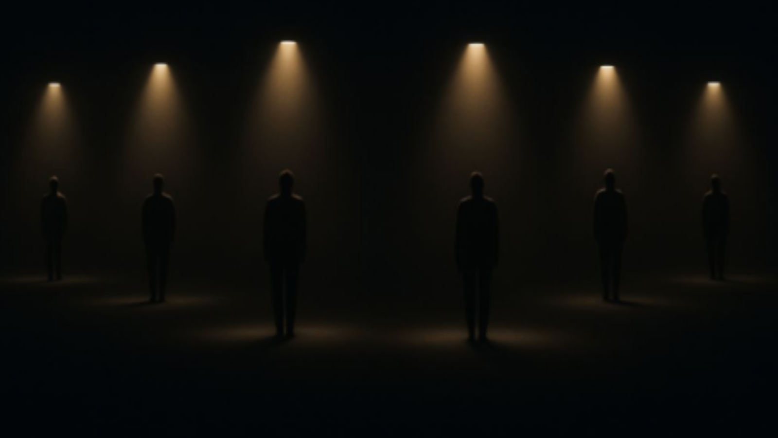 Editorial photograph showing isolated human silhouettes under separate golden spotlights, symbolizing modern individualism, self-focus, and the fading of empathy and real connection.