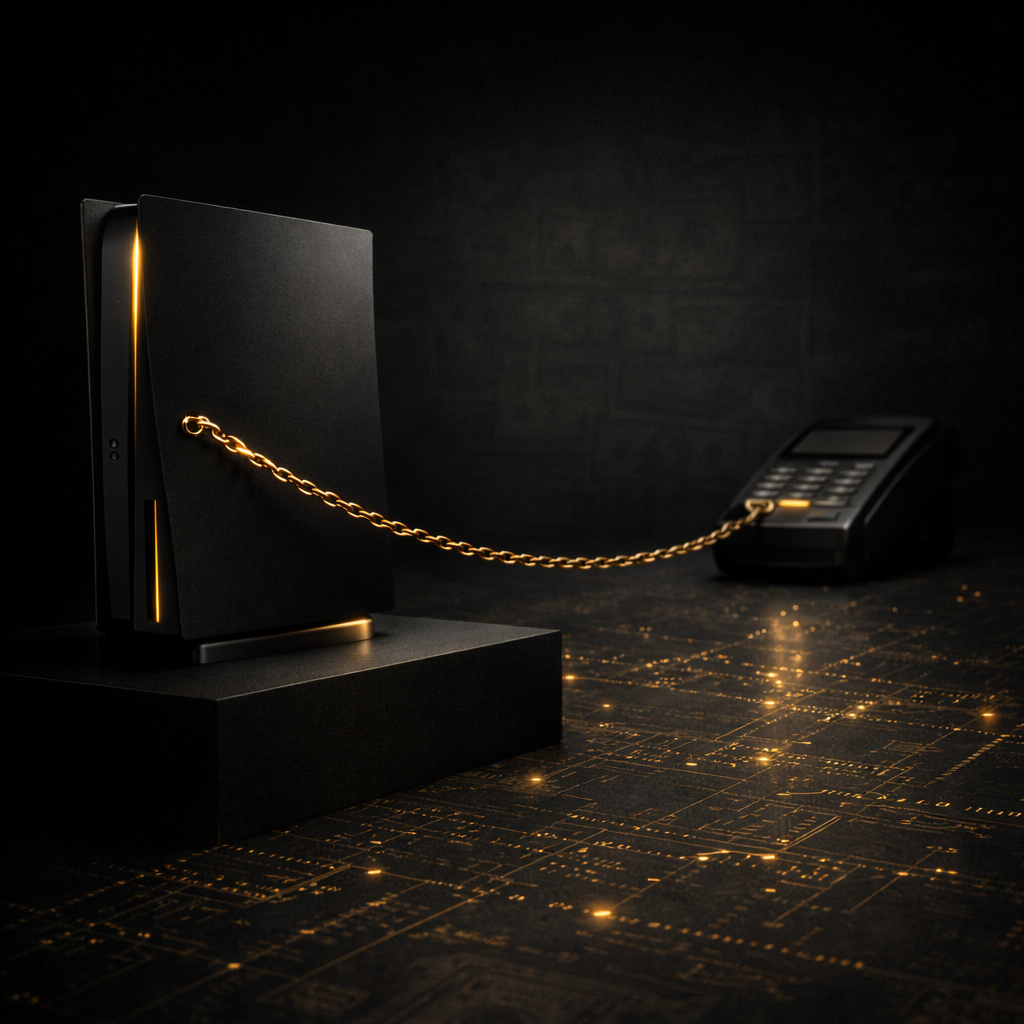 Matte black gaming console chained to a payment terminal with subtle gold glow on AI-chip grid floor, symbolizing subscription-based digital access and economic dependency.