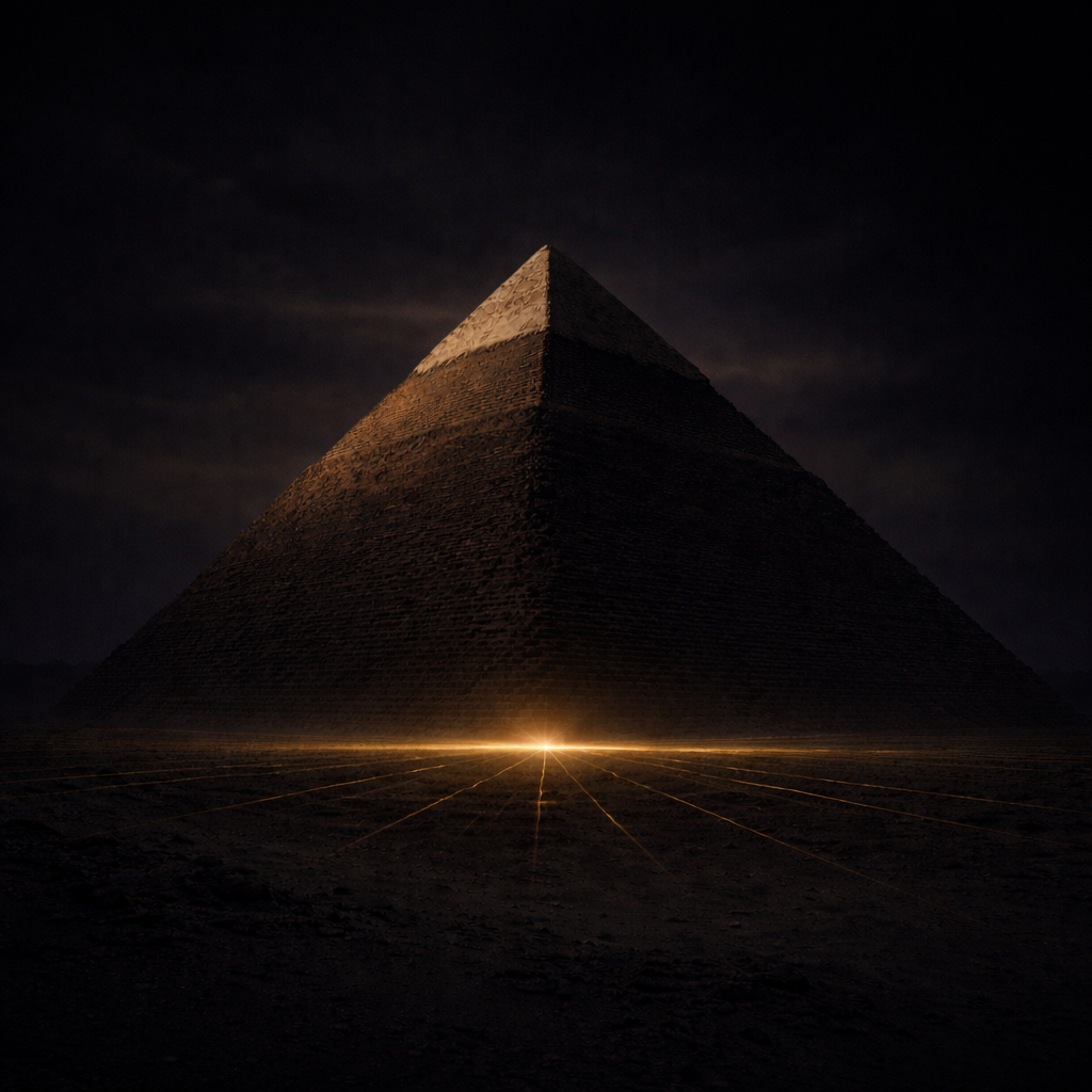Ultra-realistic night view of the Great Pyramid of Giza with subtle muted gold illumination and a faint geometric energy pattern beneath the desert surface, symbolizing theories about ancient engineering and energy systems.