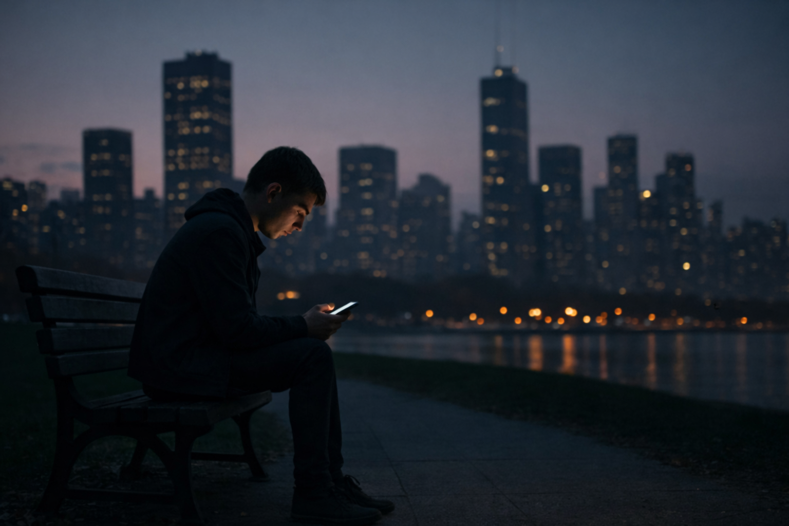 Person sitting alone on a park bench at dusk with a smartphone in hand, city lights in the distance, reflecting on life and searching for meaning.