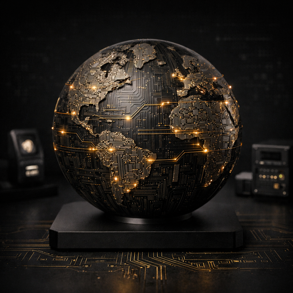 The Architecture of the Digital Control Grid — hyperrealistic globe designed as a semiconductor microchip with muted gold circuitry on a dark background, symbolizing the global infrastructure of AI systems, digital identity, financial networks, and programmable digital money.